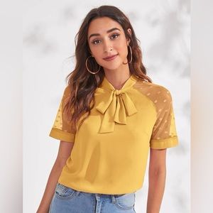 *NEW* mustard blouse tie neck polka dot mesh XL 12